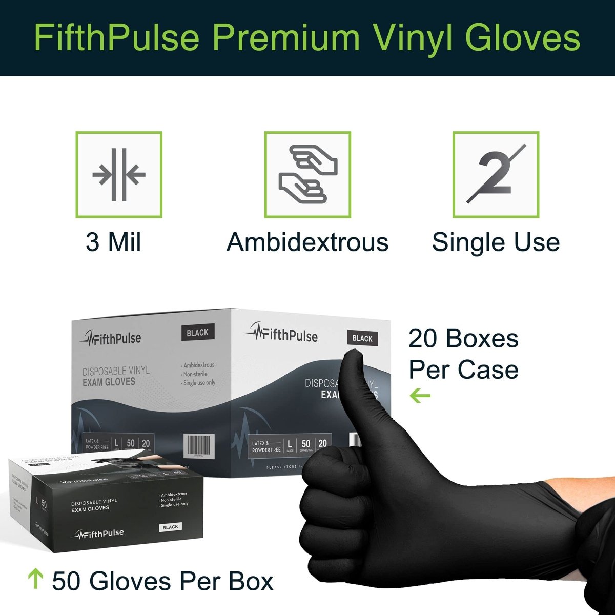 FifthPulse Medium Black Vinyl Disposable Gloves, Latex-Free 3 mil Thickness - 50 pcs