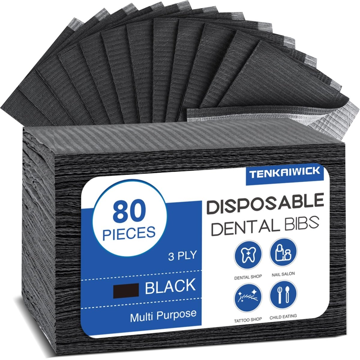 80-Pack Black Disposable Bibs, 13"x18", 3-Ply Waterproof