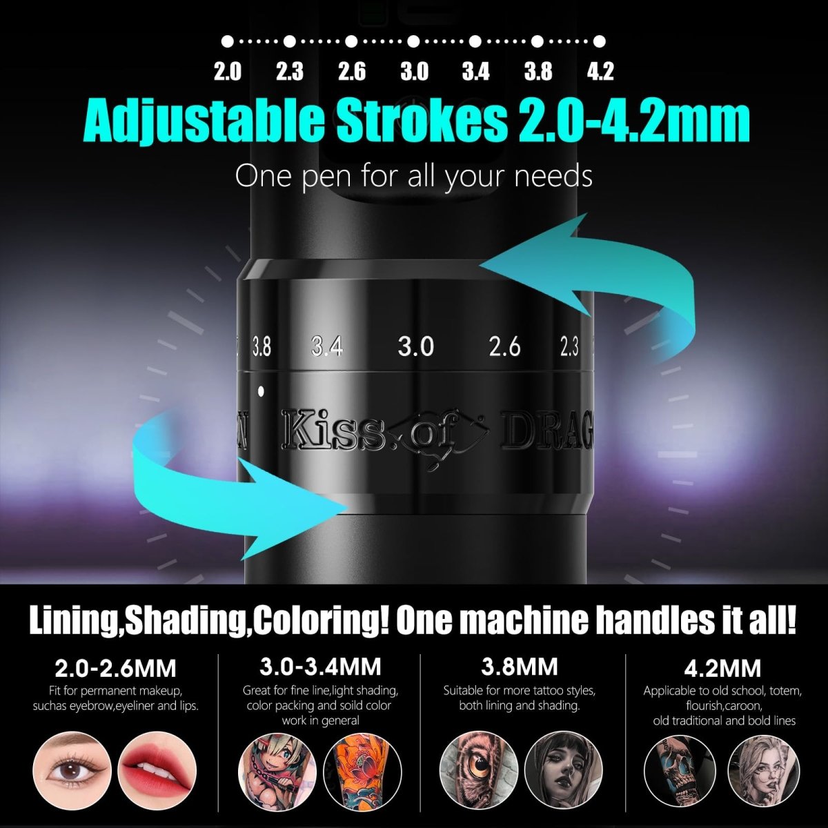 Kiss of Dragon V1 Adjustable Stroke Wireless Tattoo Pen Machine Kit - Tattoo Unleashed