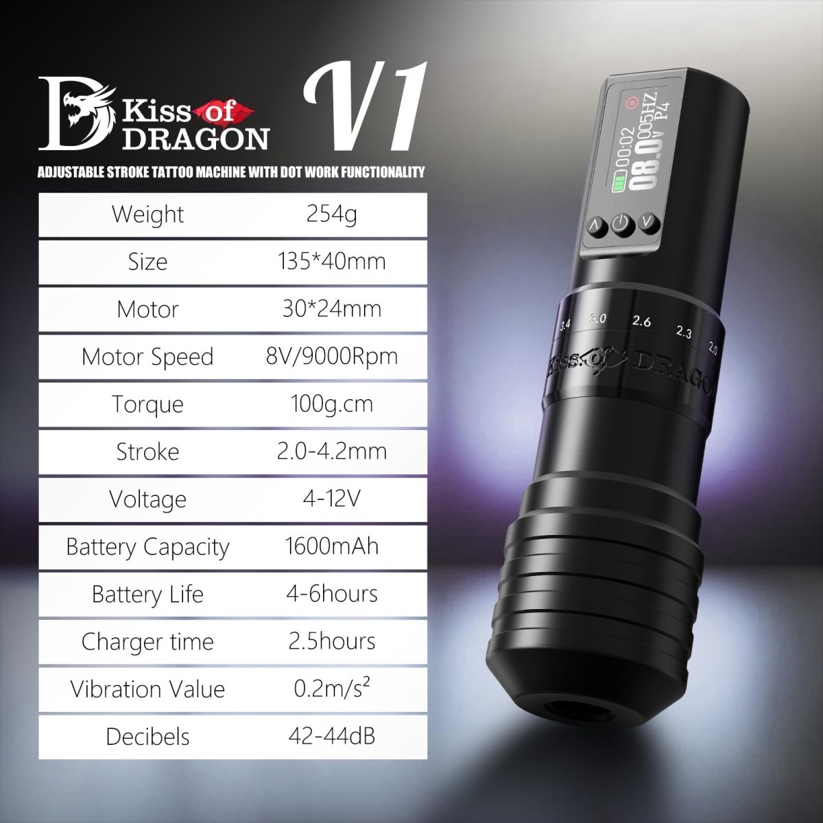 Kiss of Dragon V1 Adjustable Stroke Wireless Tattoo Pen Machine Kit - Tattoo Unleashed
