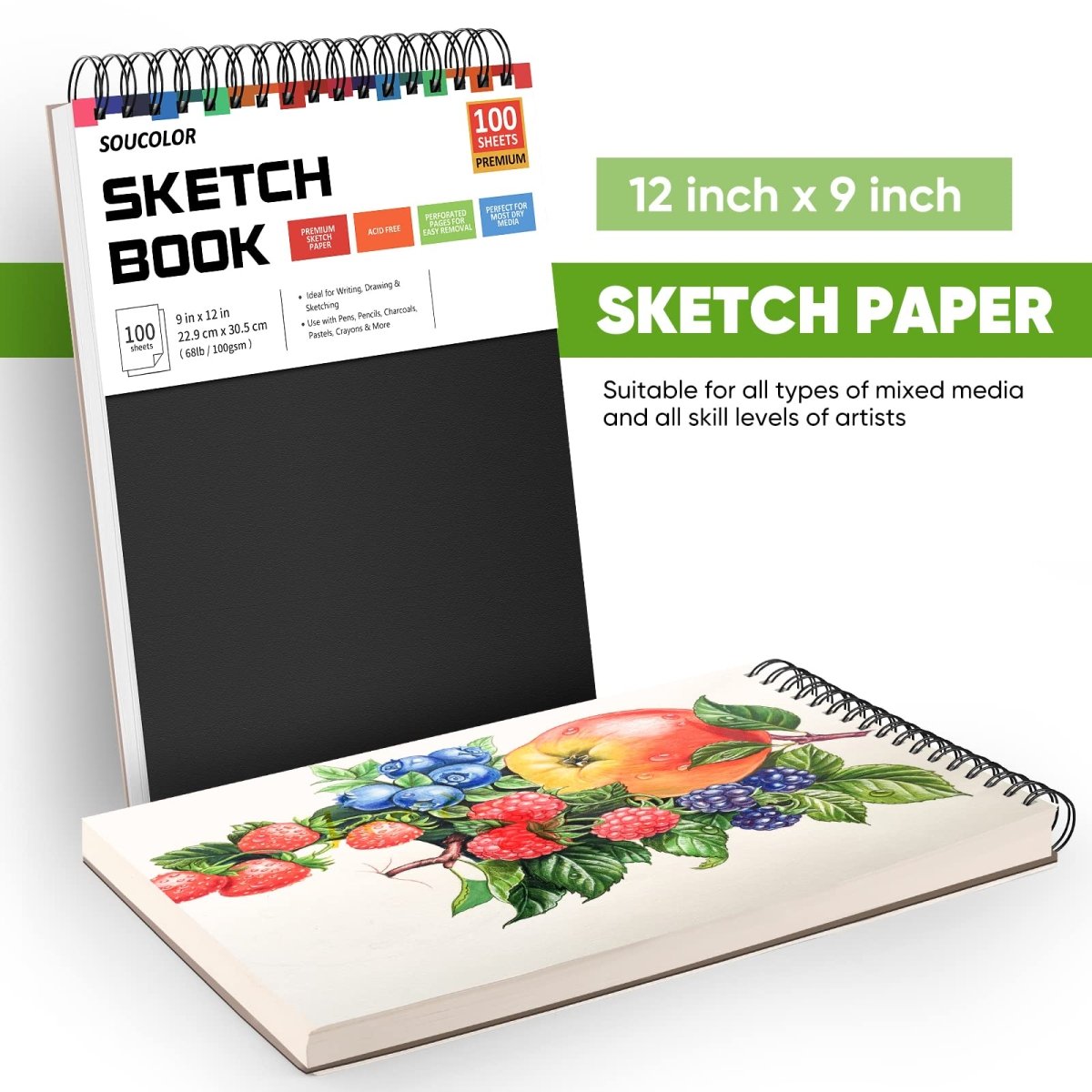 Soucolor 9" x 12" Sketch Book, 1-Pack 100 Sheets Spiral Bound Art Sketchbook, Acid Free (68lb/100gsm) Artist Drawing Book Paper Painting Sketching Pad - Tattoo Unleashed