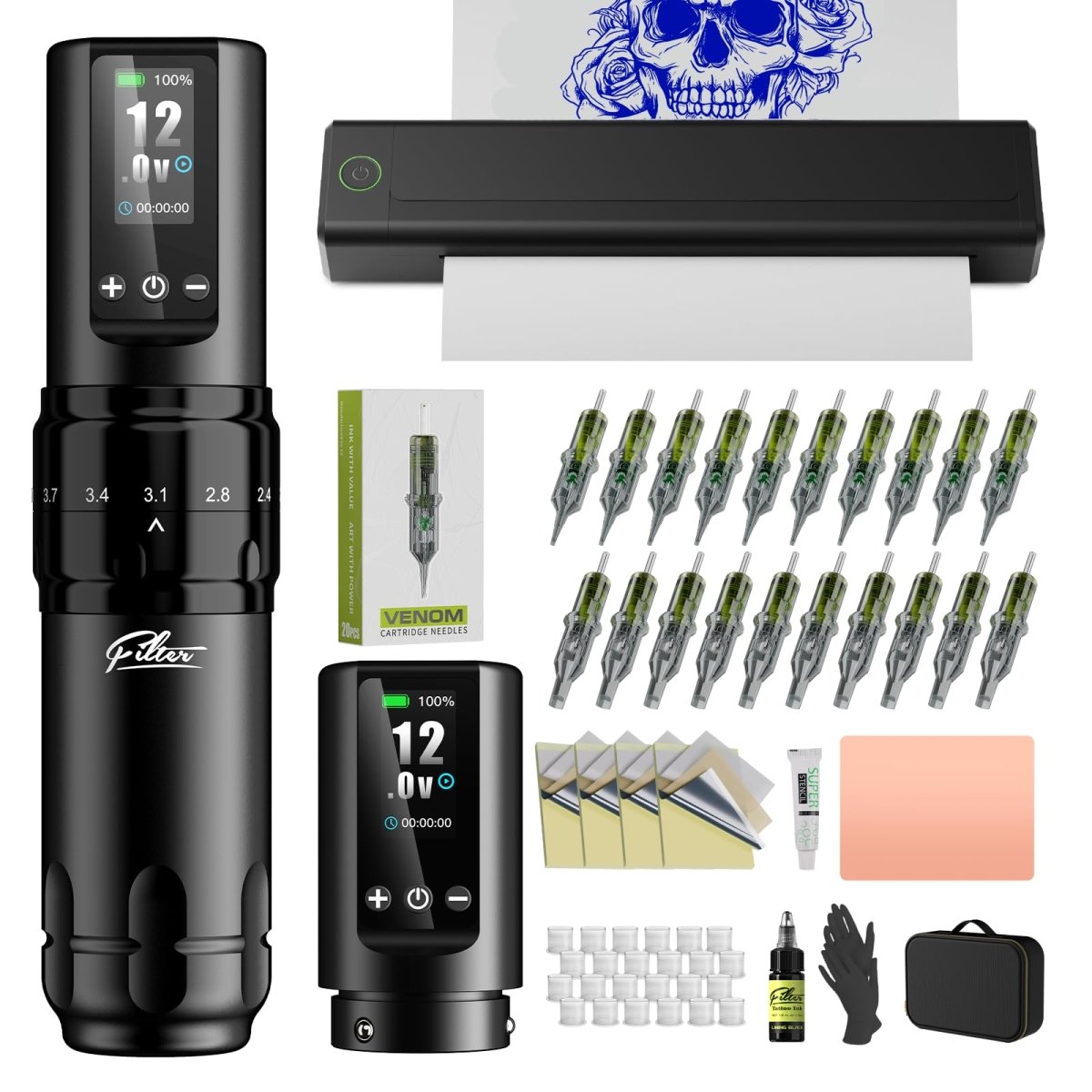 X30 Tattoo Pen Machine Kit with Stencil Printer, 7 Strokes (2.0 - 4.0mm) & 2 Wireless Batteries Included - Tattoo Unleashed