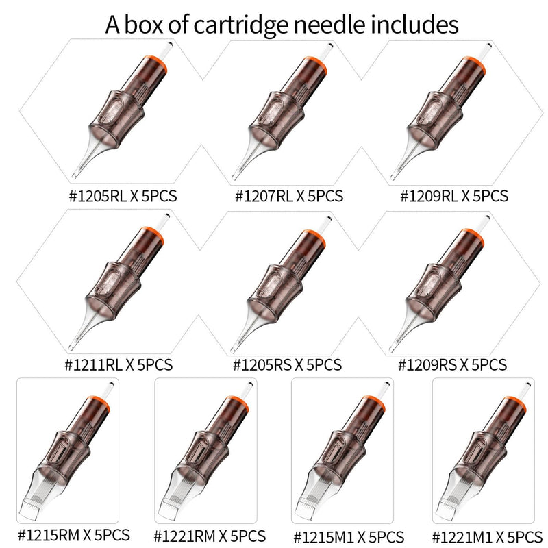 A-minusone Assorted Tattoo Needle Cartridges - 50pcs Mixed Sizes RL+RM+RS+M1