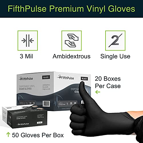FifthPulse Large Black Vinyl Disposable Gloves, Latex-Free 3 mil Thickness - 50 pcs