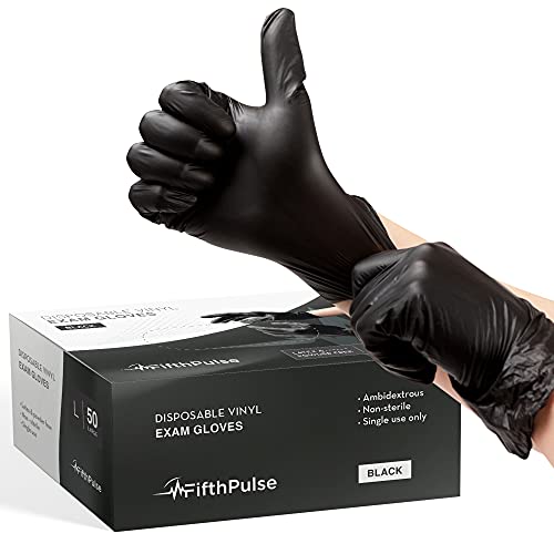 FifthPulse Large Black Vinyl Disposable Gloves, Latex-Free 3 mil Thickness - 50 pcs