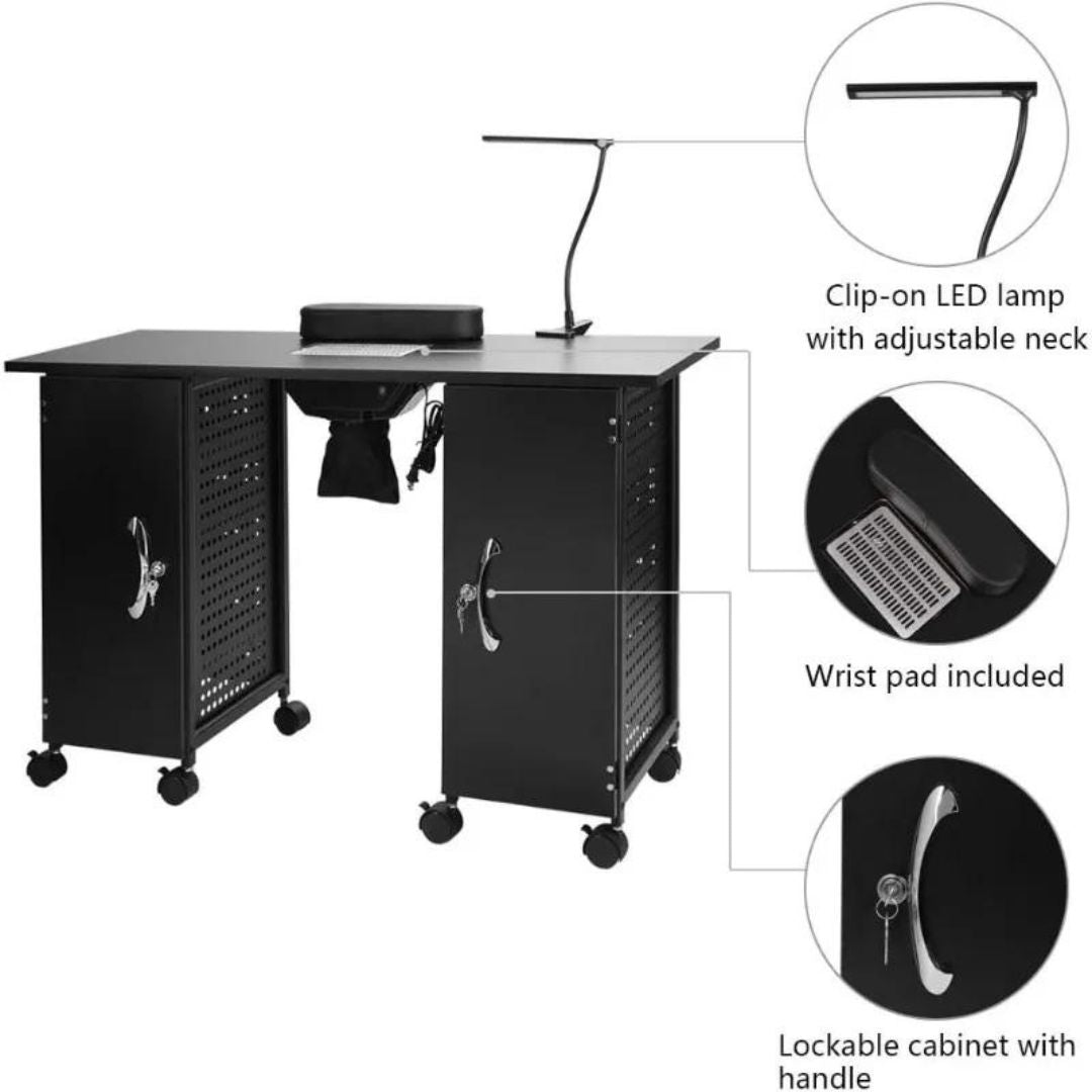 Electric Downdraft Vent Tattoo Table Desk with Iron Frame, Wrist Rest, and Lockable Cabinets