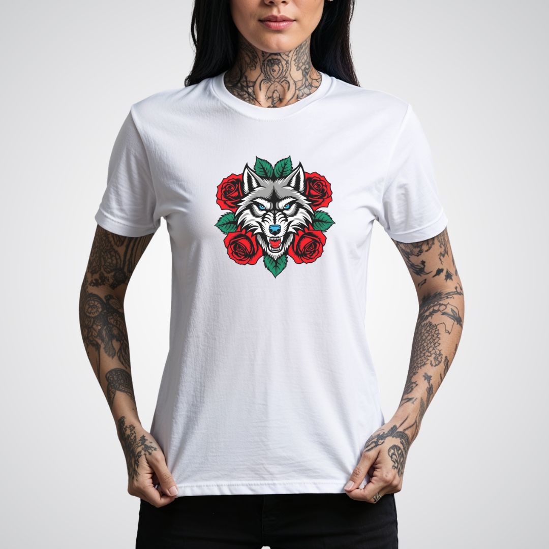 Wolf in Roses Neo-Traditional Tattoo Unisex T-Shirt