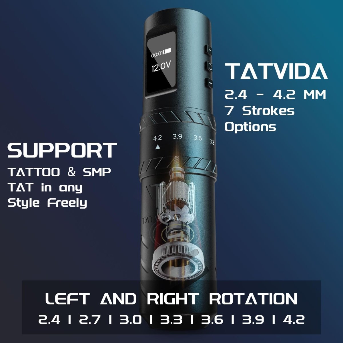 Tatvida Black Wireless Tattoo Pen Machine, 2400mAh with 7 Stroke