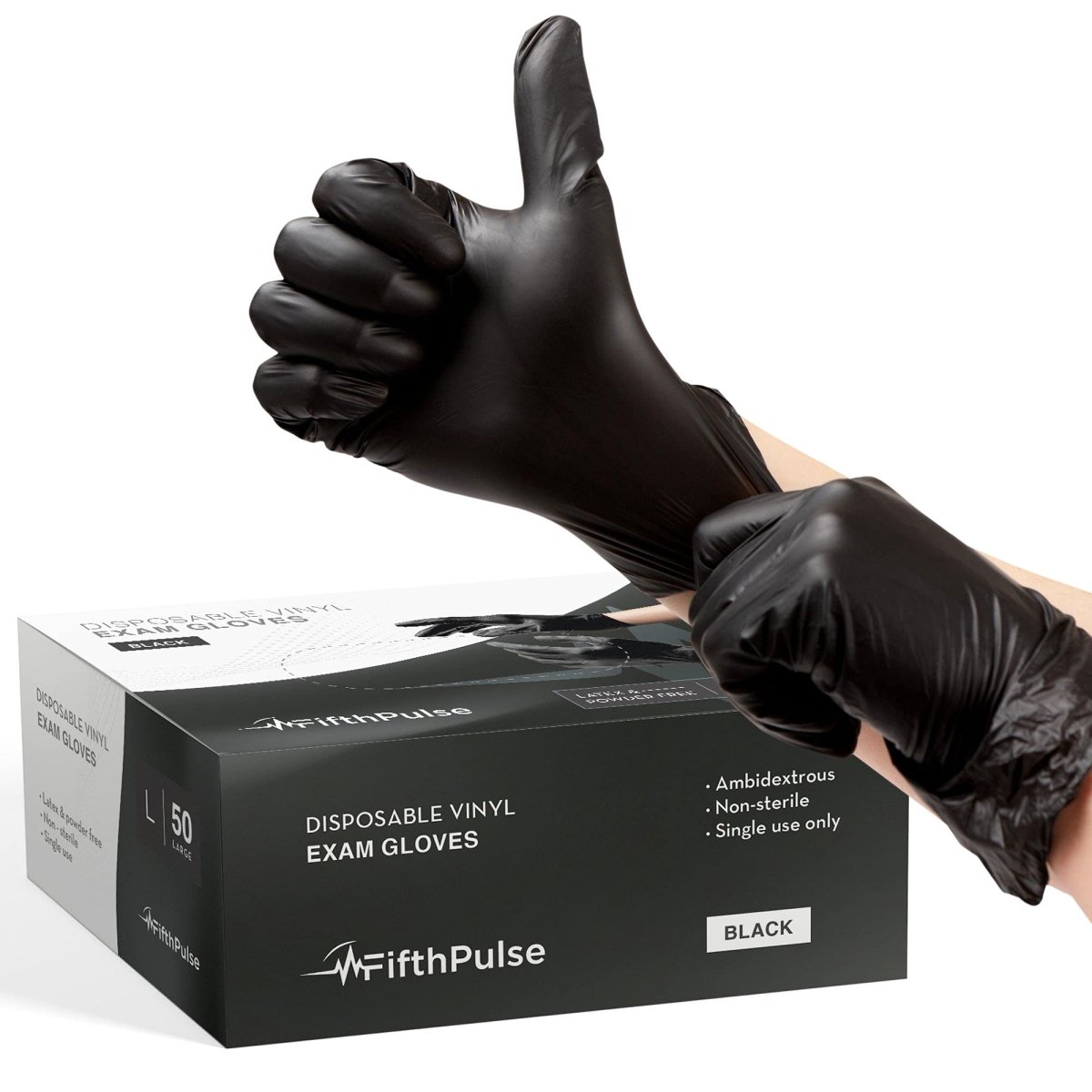 FifthPulse Medium Black Vinyl Disposable Gloves, Latex-Free 3 mil Thickness - 50 pcs