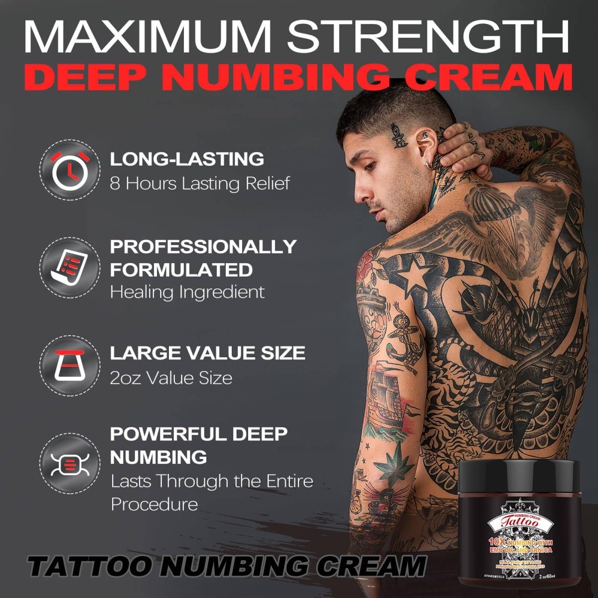 8-Hour Tattoo Numbing Cream with Emu Oil & Arnica, 2oz/60ml by Stonemusle