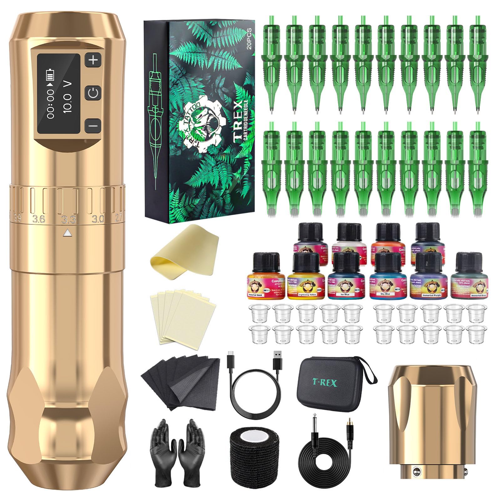 U-Rex Wireless Gold Tattoo Pen Machine Kit - 7 Length Adjustable Strokes
