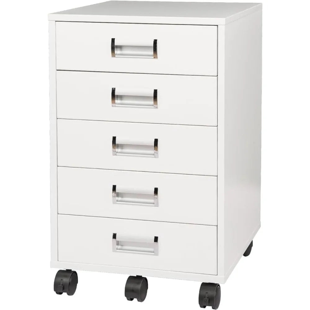 5-Drawer Mobile Metal Filing Tattoo Cabinet with Built-in Handles and Casters - White