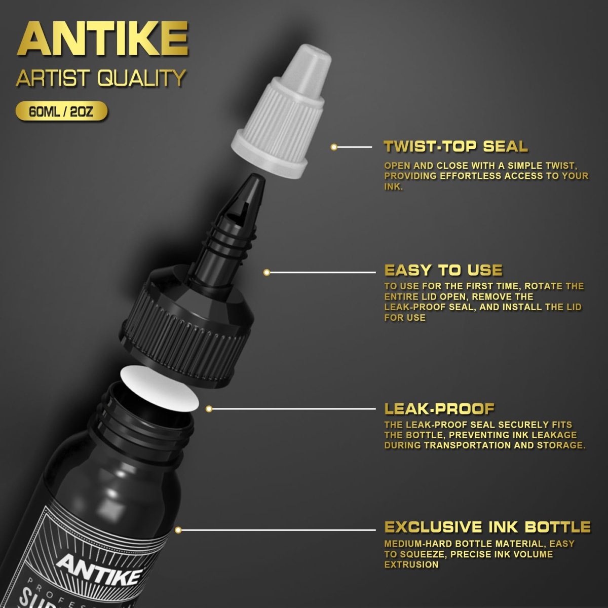 Antike Pro Black Tattoo Ink 2oz, USA Standard Pigment 60ml TI5003-60-030 - Tattoo Unleashed