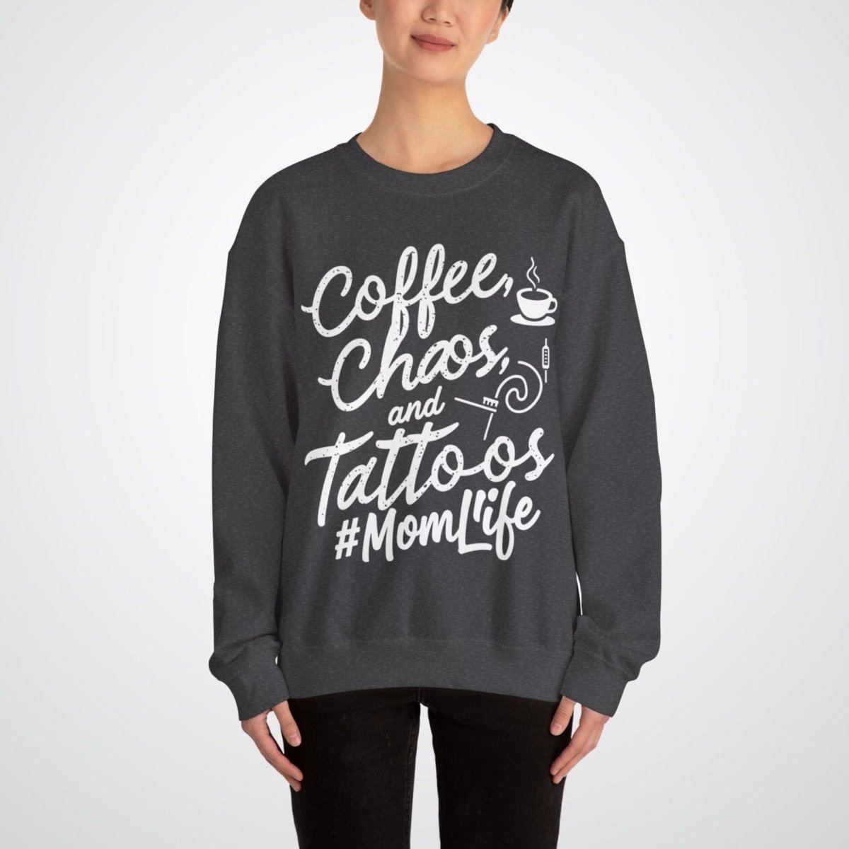 Coffee, Chaos, and Tattoos – #MomLife Unisex Crewneck Sweatshirt - Tattoo Unleashed