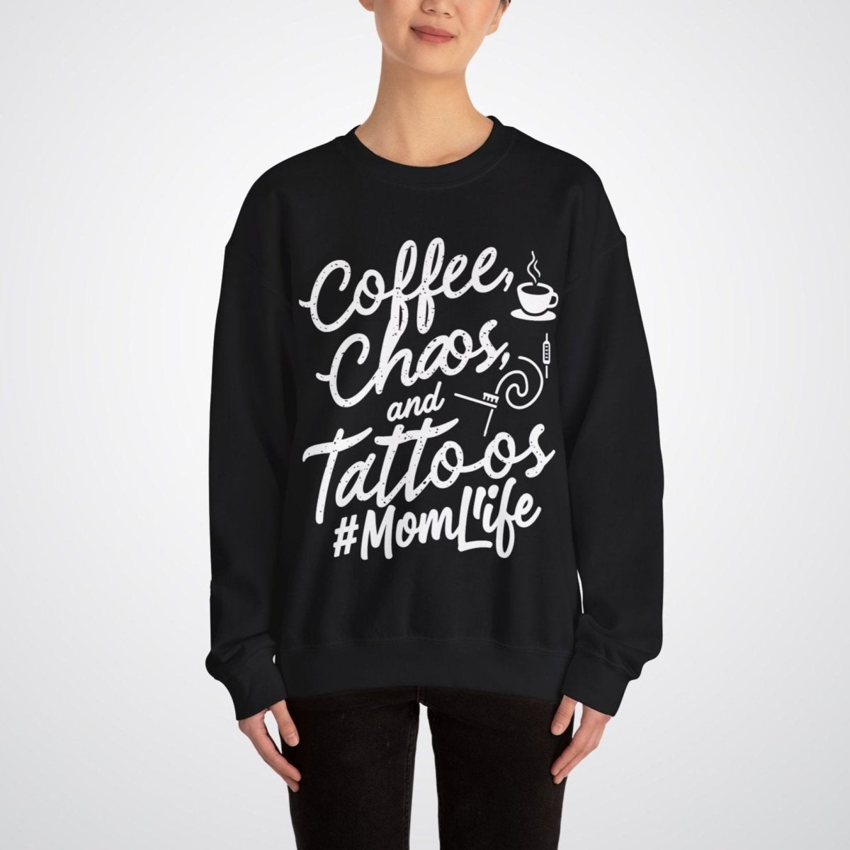 Coffee, Chaos, and Tattoos – #MomLife Unisex Crewneck Sweatshirt - Tattoo Unleashed