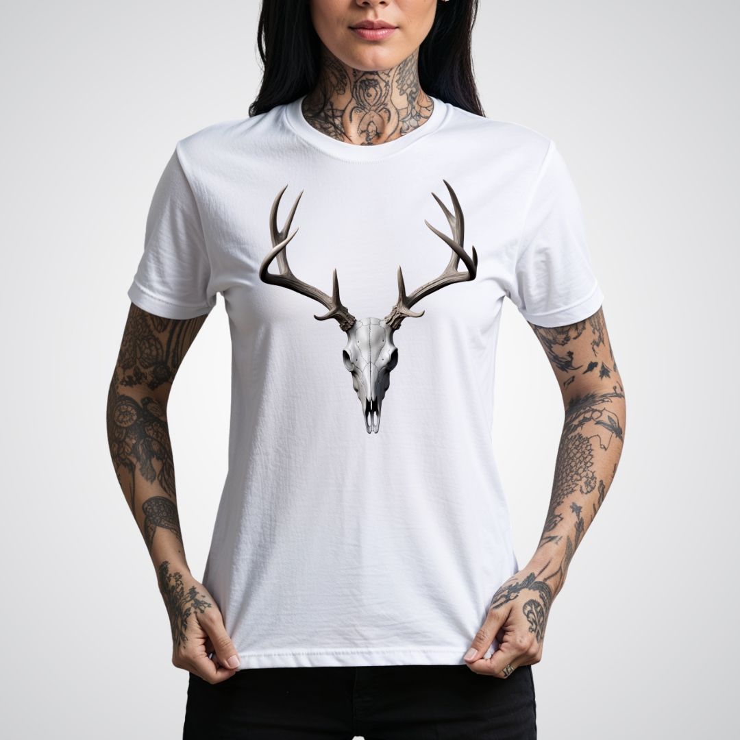 Deer Skull with Antlers Unisex Realism T-Shirt - Tattoo Unleashed