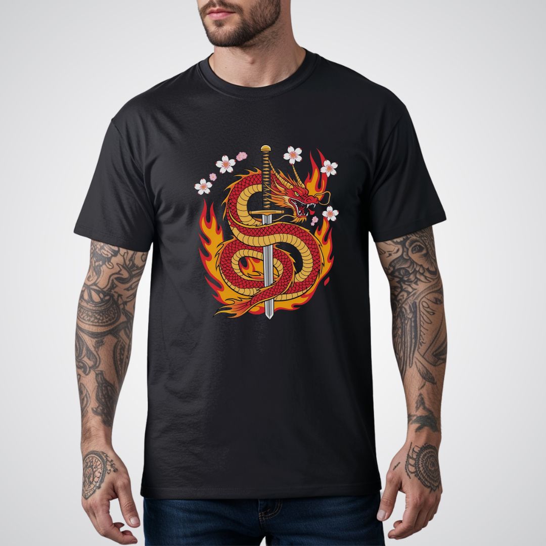 Dragon with Samurai Sword Neo - Traditional Tattoo Unisex T-Shirt - Tattoo Unleashed