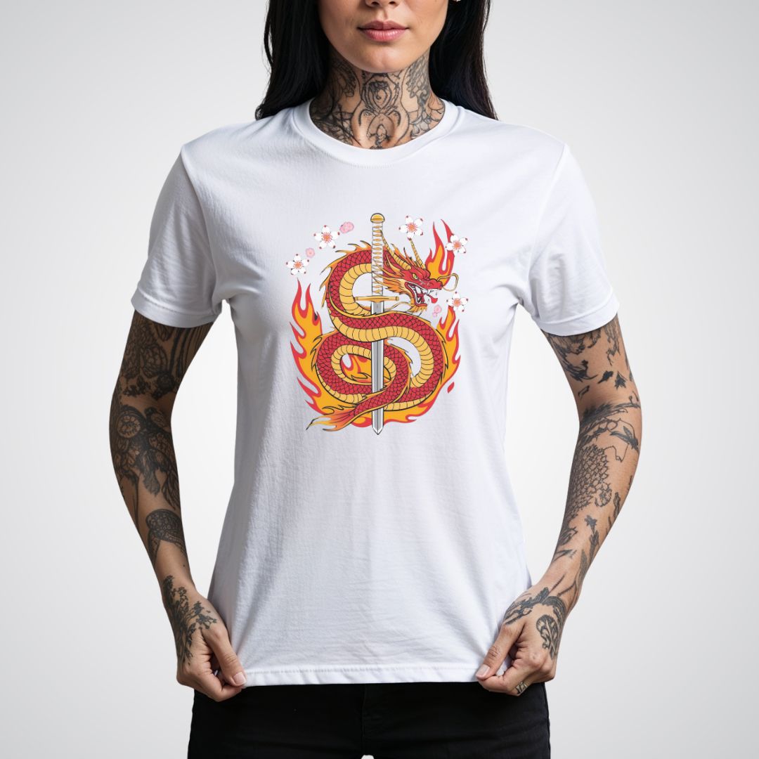 Dragon with Samurai Sword Neo - Traditional Tattoo Unisex T-Shirt - Tattoo Unleashed