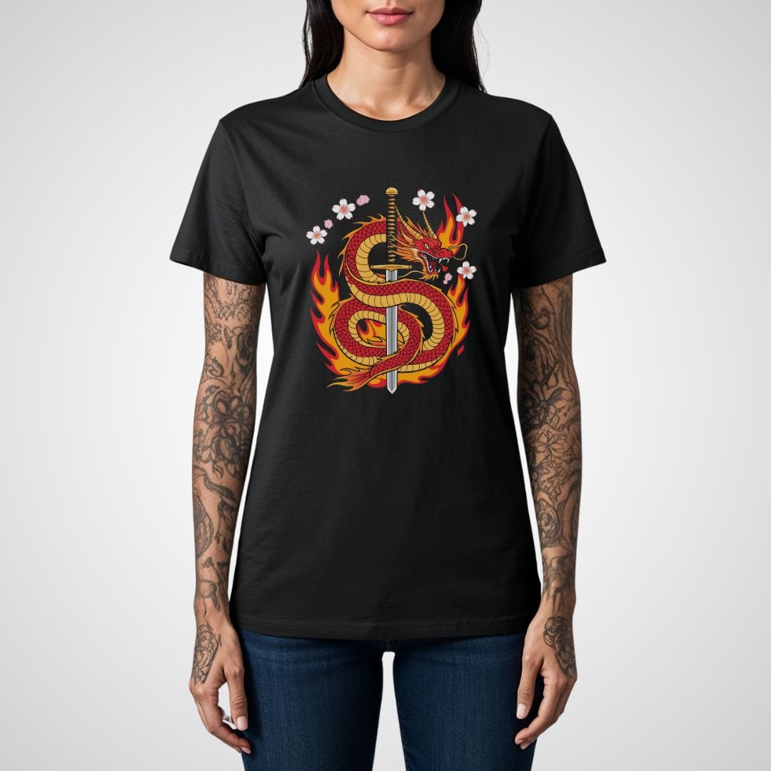 Dragon with Samurai Sword Neo - Traditional Tattoo Unisex T-Shirt - Tattoo Unleashed