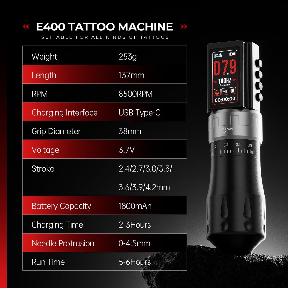 E400 Wireless Tattoo Pen Machine - Black - Tattoo Unleashed