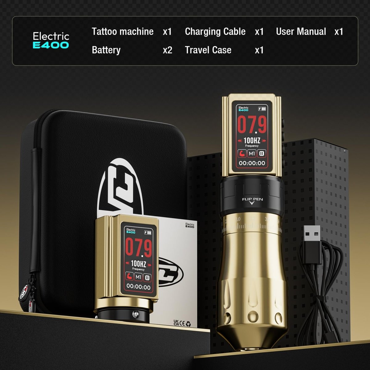 E400 Wireless Tattoo Pen Machine - Gold - Tattoo Unleashed