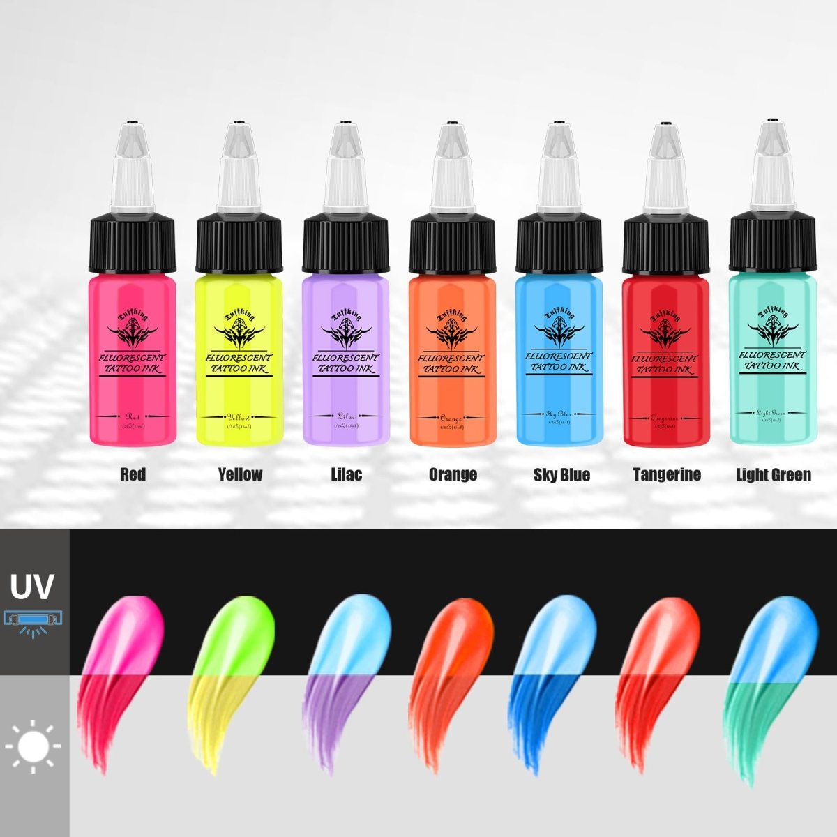 Flourescent Tattoo Ink Color Set by Tuffking (1/2 fl oz(15ml), 7 color) - Tattoo Unleashed