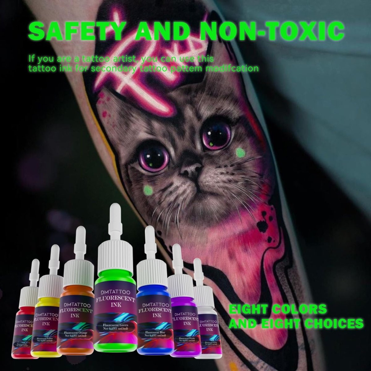 Fluorescent Tattoo Ink Set by Dmtattoo - 8 Colors - Tattoo Unleashed