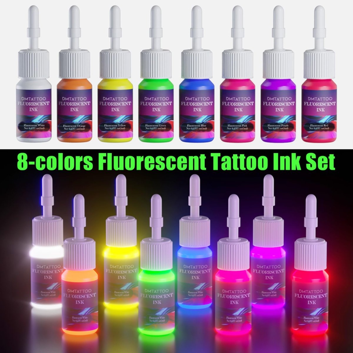 Fluorescent Tattoo Ink Set by Dmtattoo - 8 Colors - Tattoo Unleashed