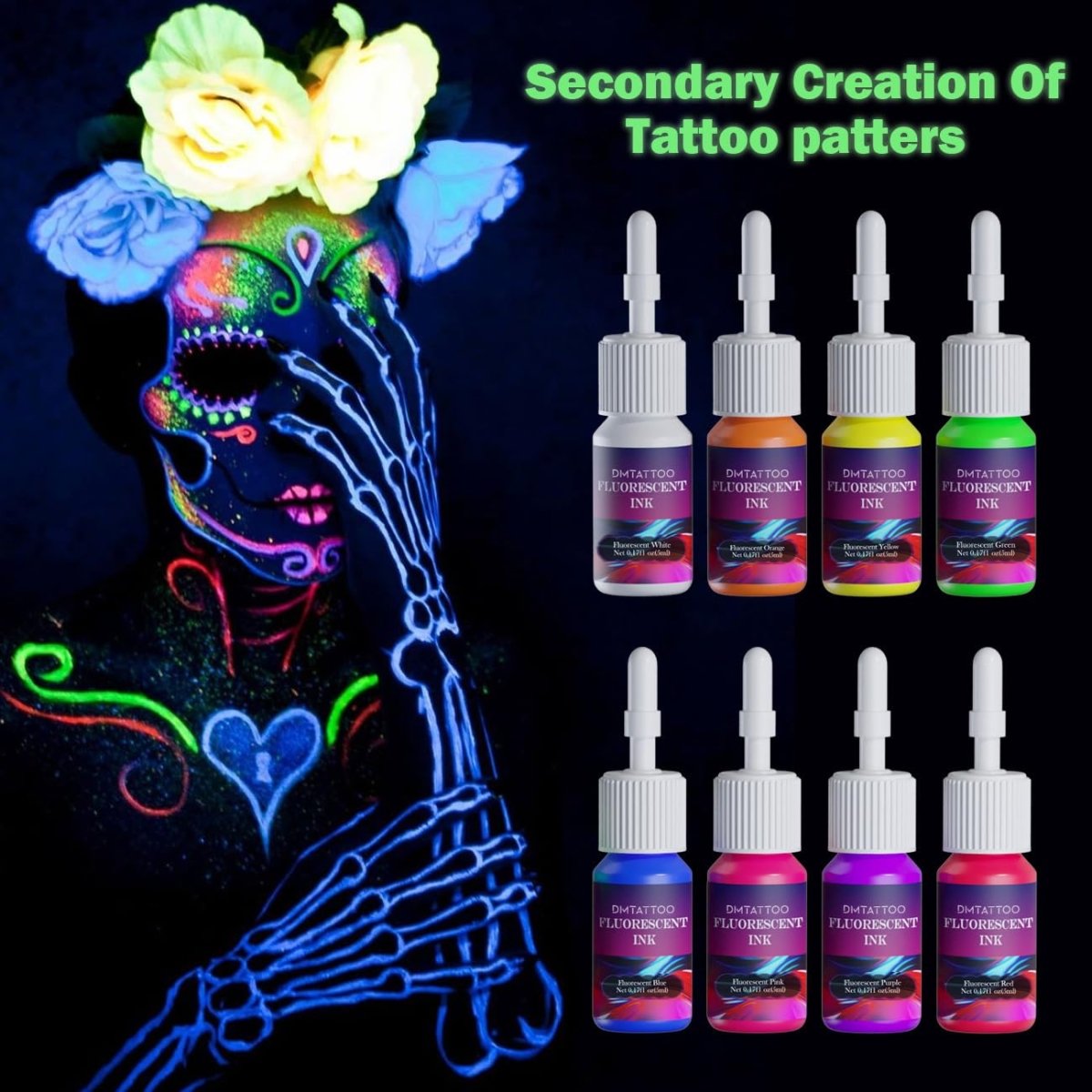 Fluorescent Tattoo Ink Set by Dmtattoo - 8 Colors - Tattoo Unleashed