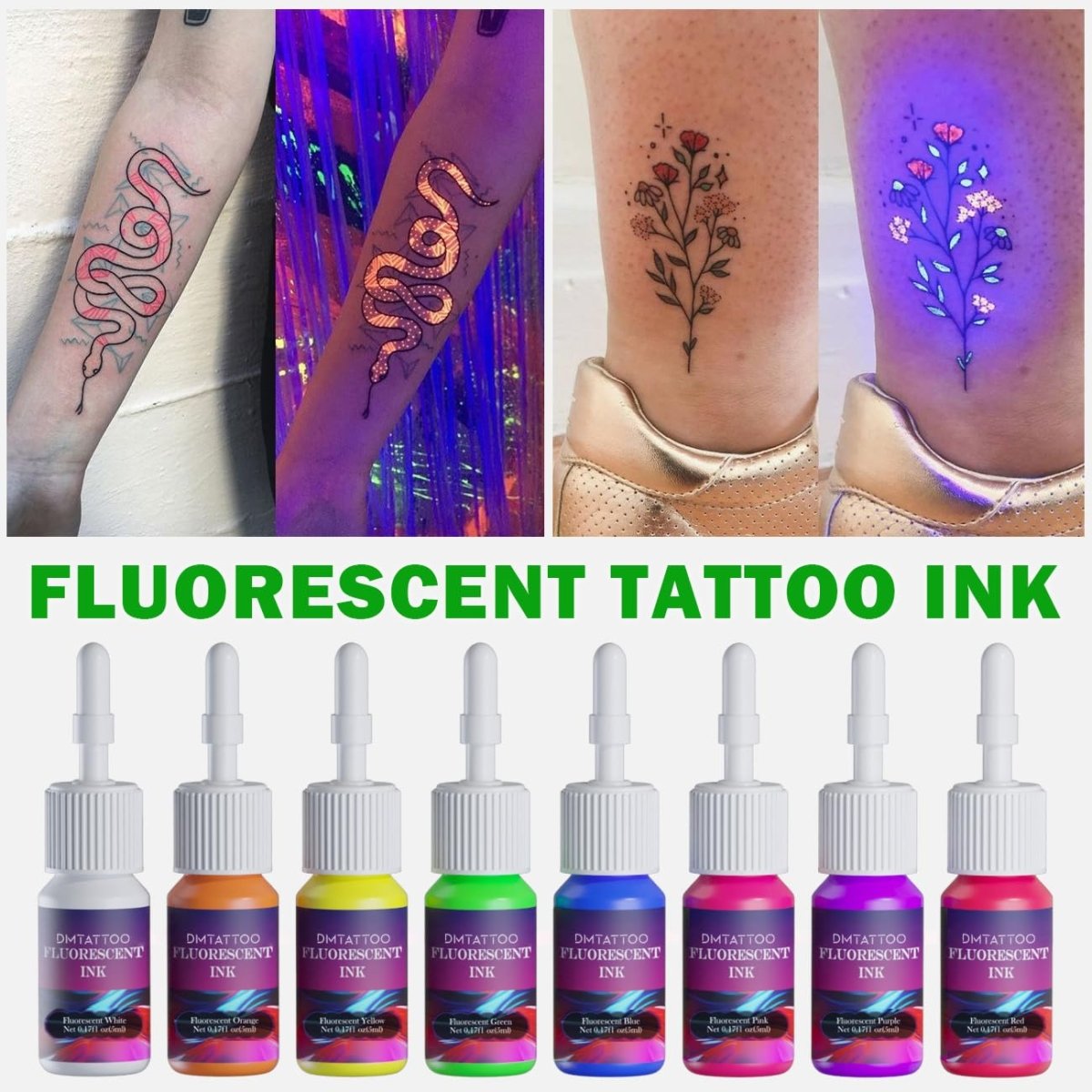 Fluorescent Tattoo Ink Set by Dmtattoo - 8 Colors - Tattoo Unleashed