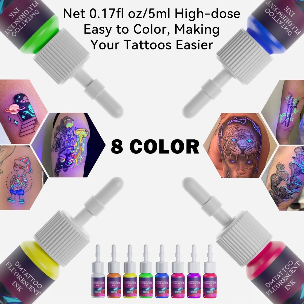 Fluorescent Tattoo Ink Set by Dmtattoo - 8 Colors - Tattoo Unleashed
