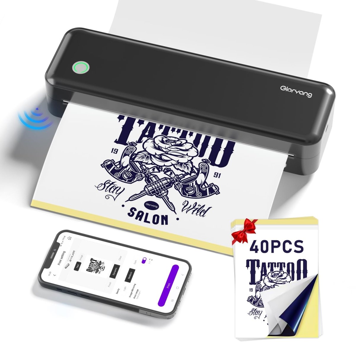 Gloryang Wireless Tattoo Stencil Printer Includes 40 Stencil Papers (Black) - Tattoo Unleashed