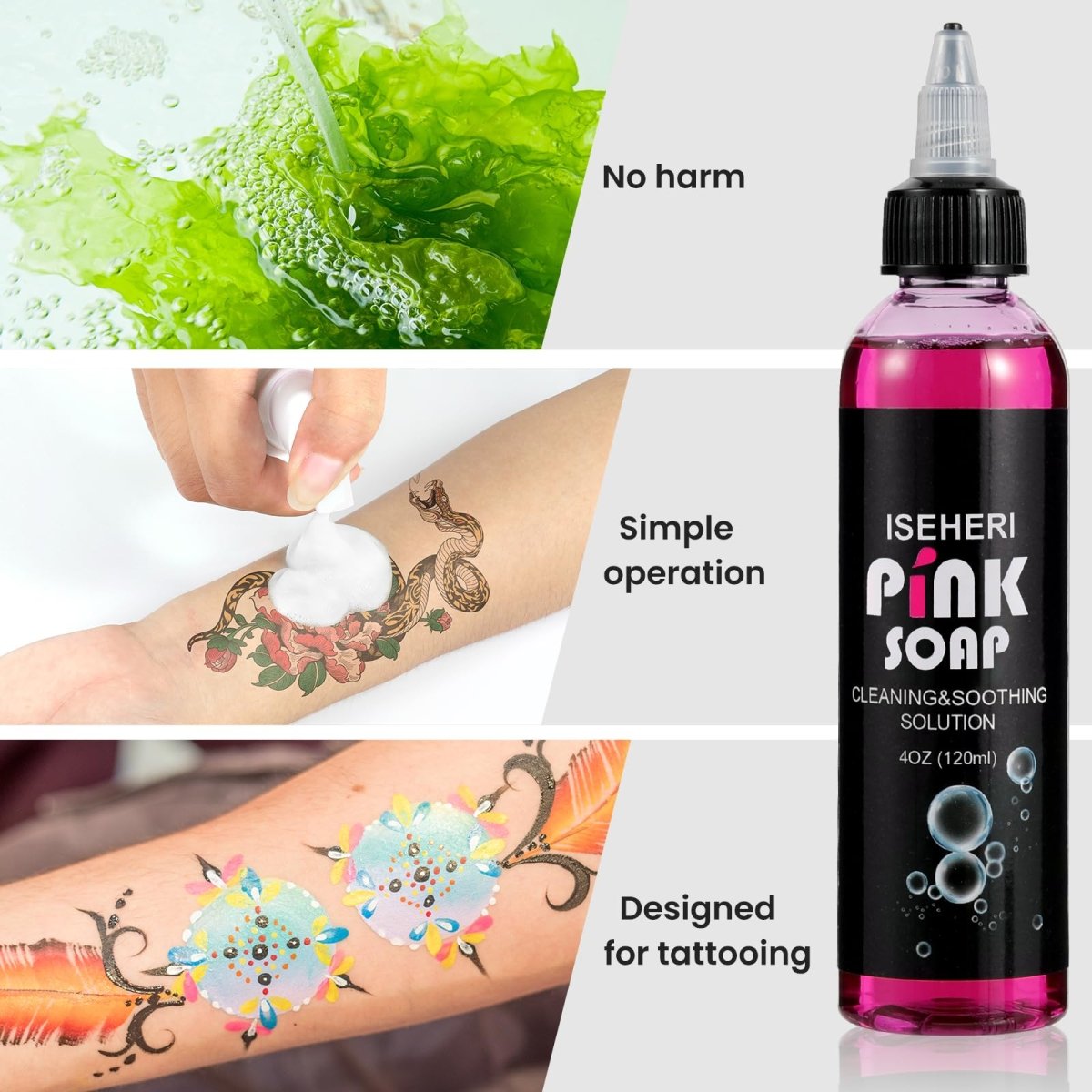 Green & Pink Ultra Concentrated Tattoo Soap by Iseheri - 4oz with Foaming Bottle - Tattoo Unleashed