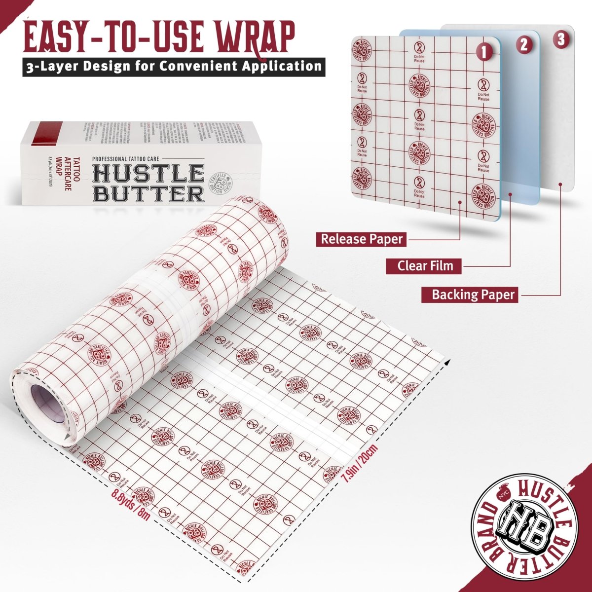 Hustle Butter Tattoo Aftercare Wrap - 7.9 Inches x 8.8 Yards - Transparent Adhesive Roll - Tattoo Unleashed