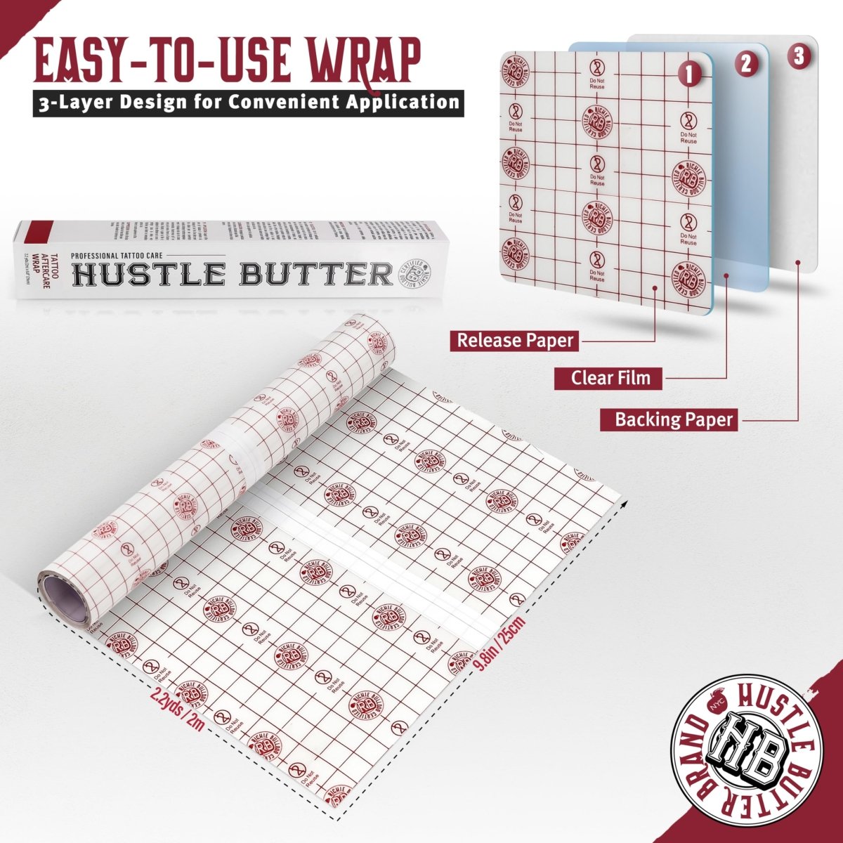 Hustle Butter Tattoo Aftercare Wrap - 9.8 Inches x 2.2 Yards - Transparent Adhesive Roll - Tattoo Unleashed