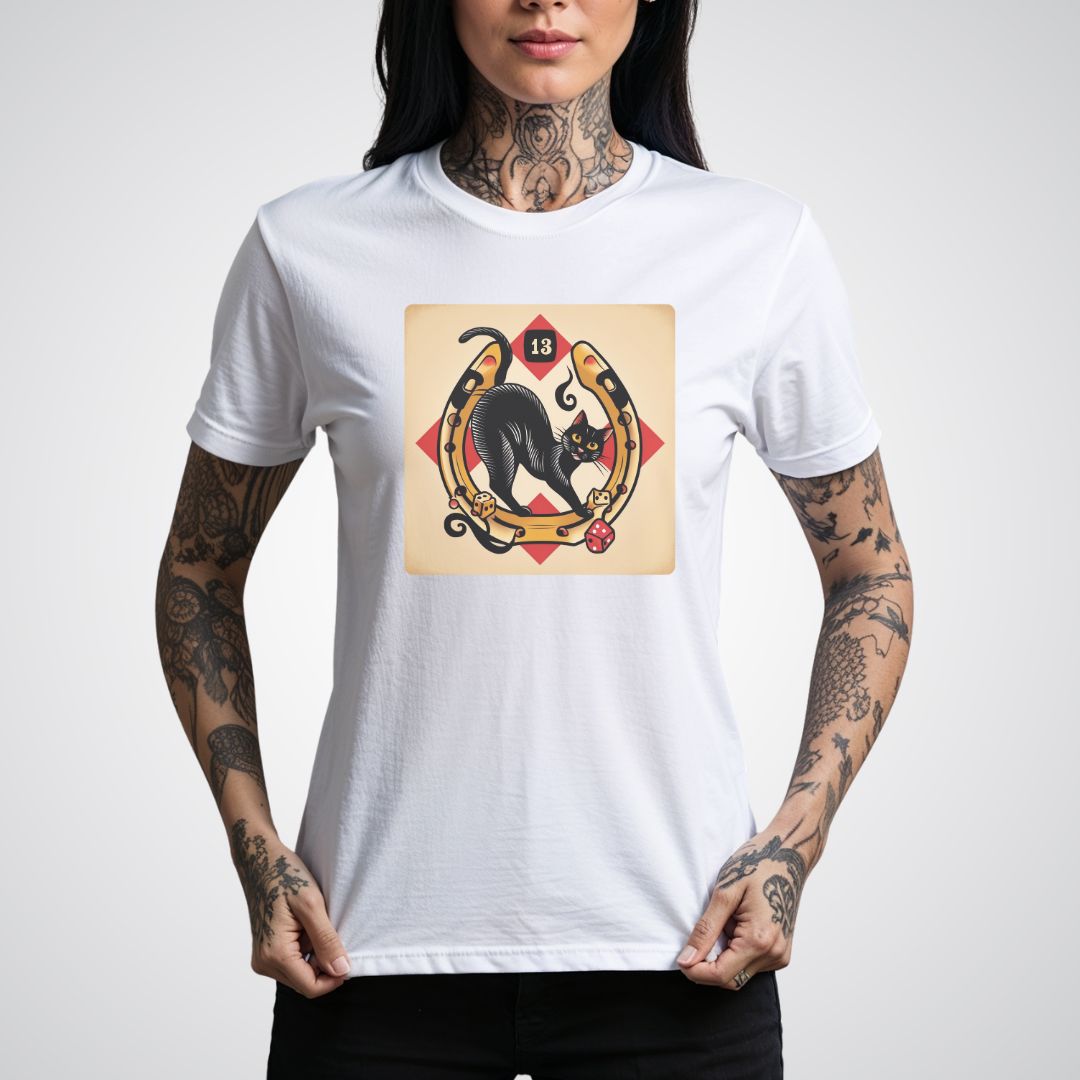 Lucky 13 Black Cat Traditional Tattoo Unisex Softstyle T-Shirt - Tattoo Unleashed