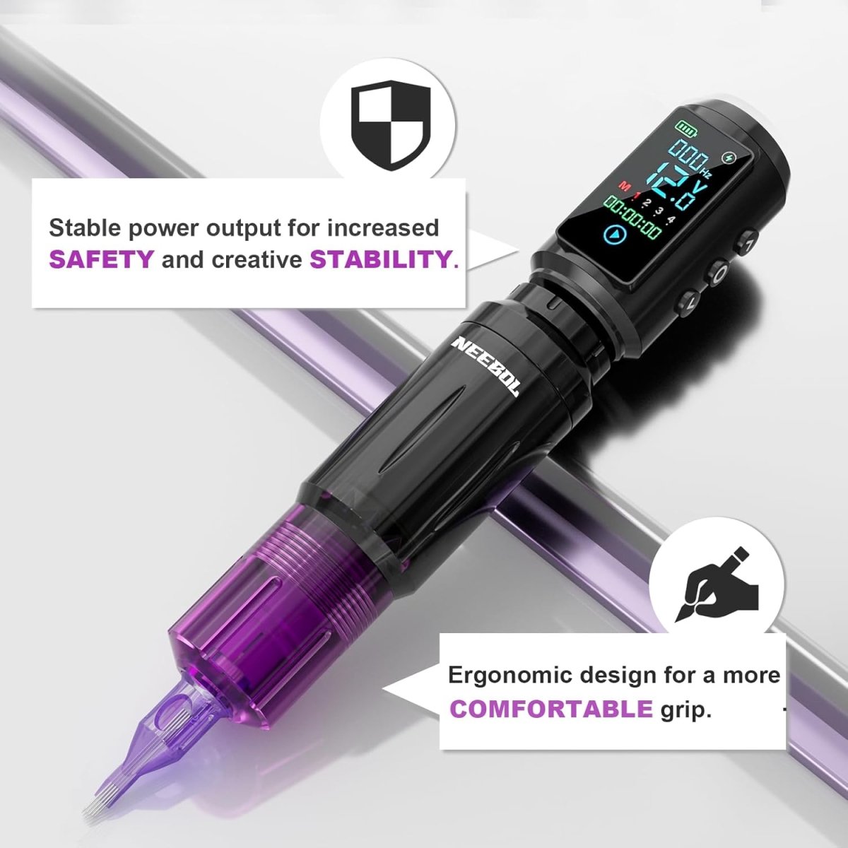 Neebol Wireless Tattoo Machine Kit with Dual 1600mAh Batteries - Purple - Tattoo Unleashed