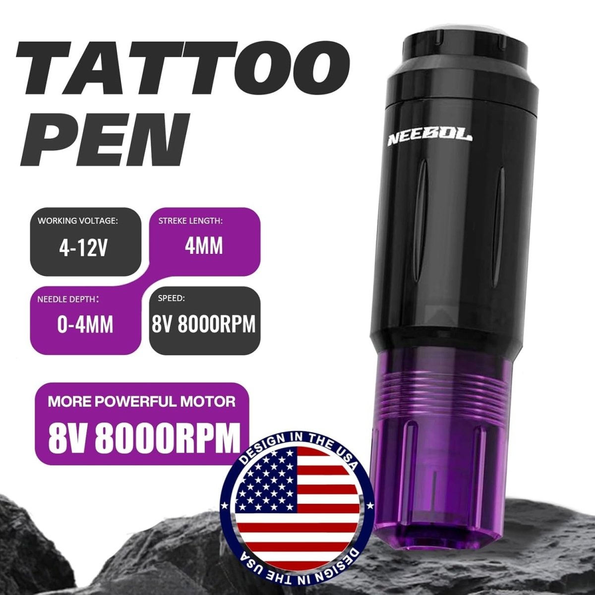 Neebol Wireless Tattoo Machine Kit with Dual 1600mAh Batteries - Purple - Tattoo Unleashed