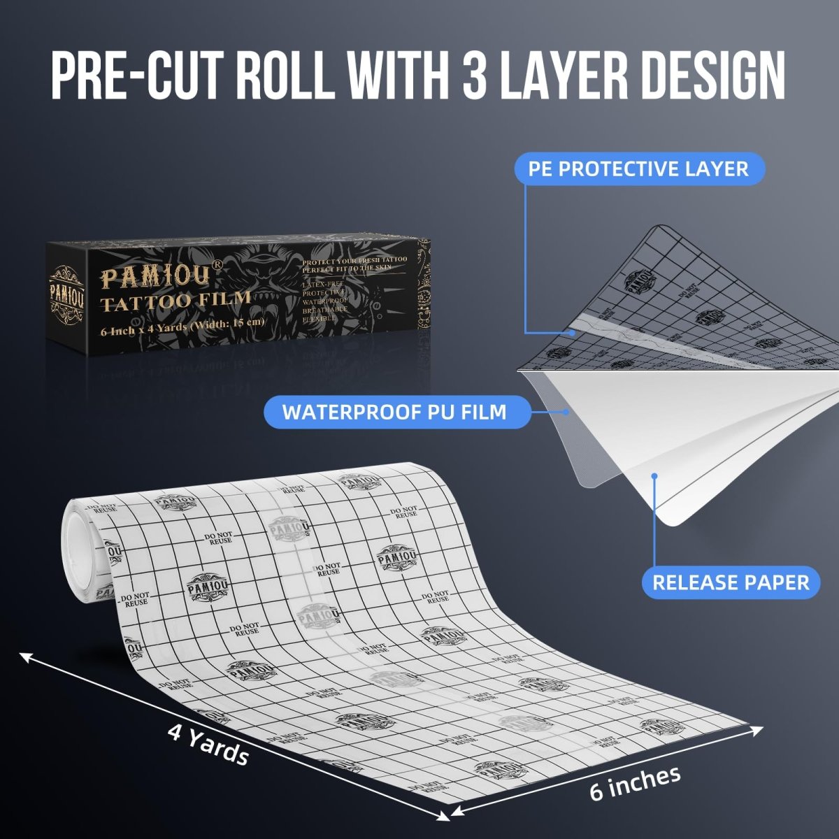 Pamiou Second Skin Tattoo Protection Film - 6in x 4yd Tattoo Aftercare Bandage - Tattoo Unleashed