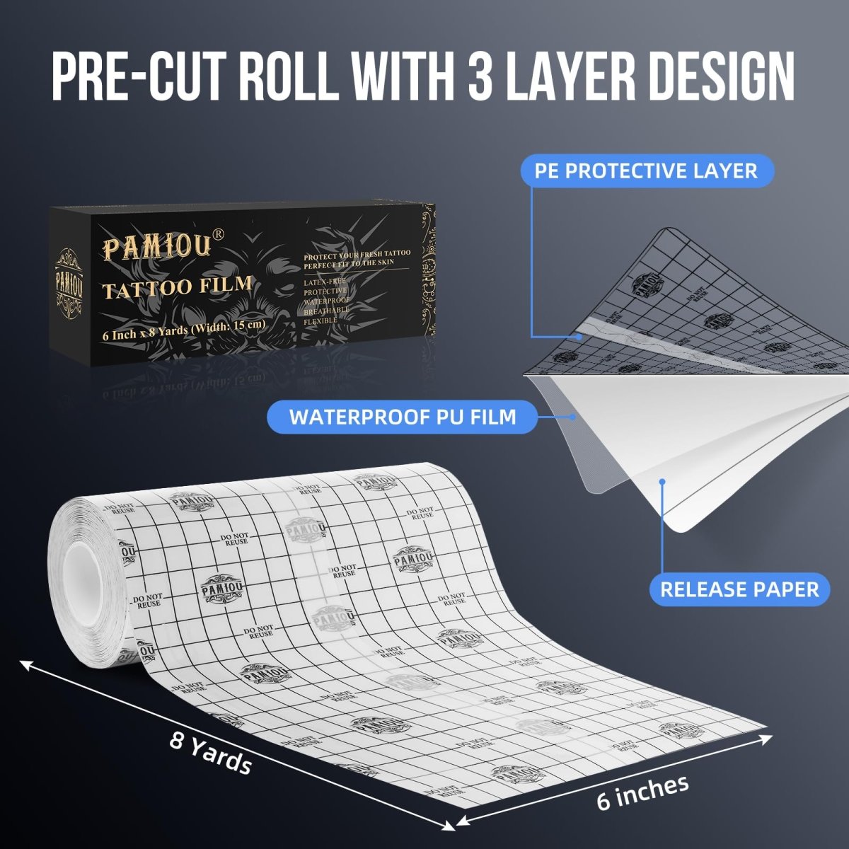 Pamiou Second Skin Tattoo Protection Film - 6in x 8yd Tattoo Aftercare Bandage - Tattoo Unleashed