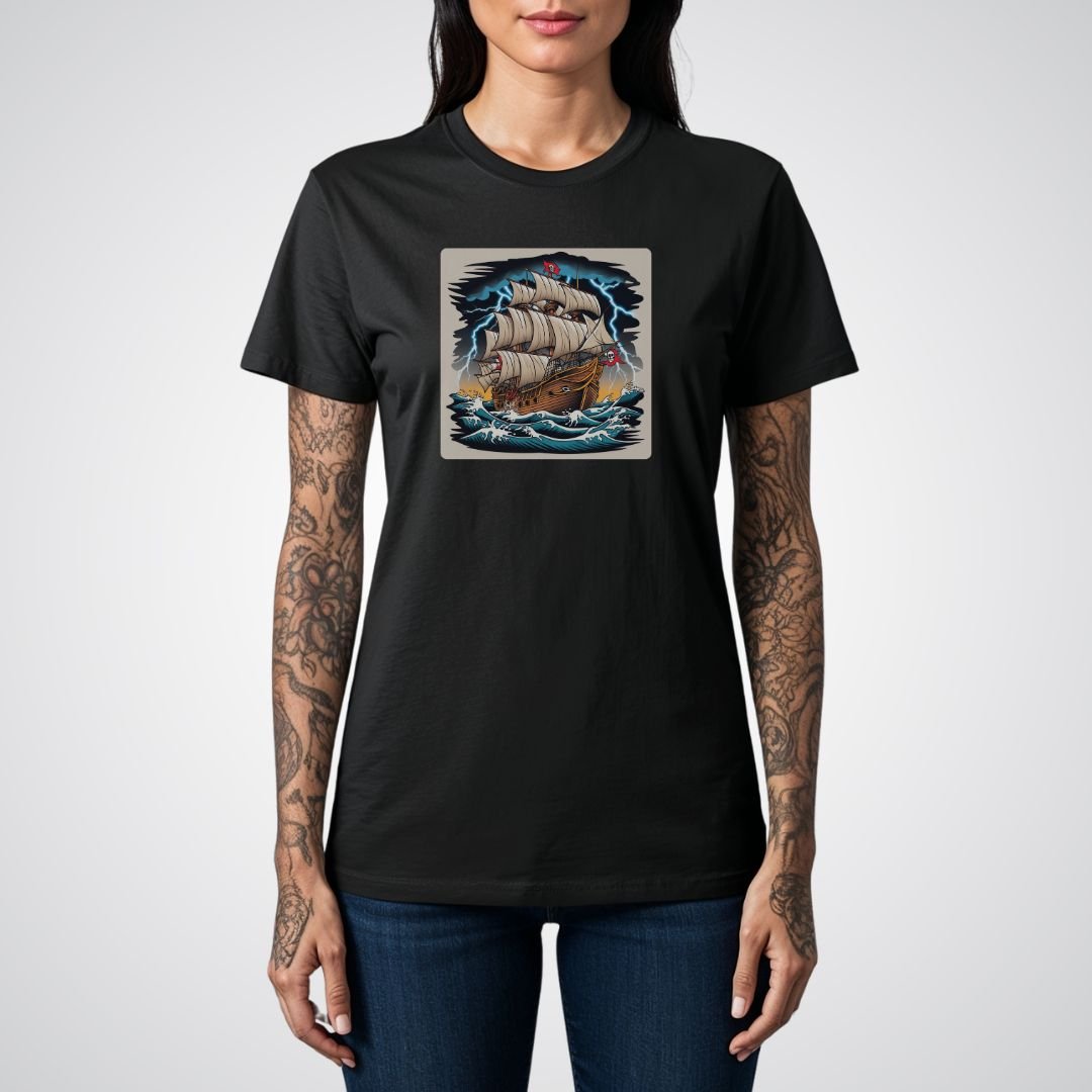 Pirate Ship with Stormy Seas Tattoo Unisex T-Shirt - Tattoo Unleashed