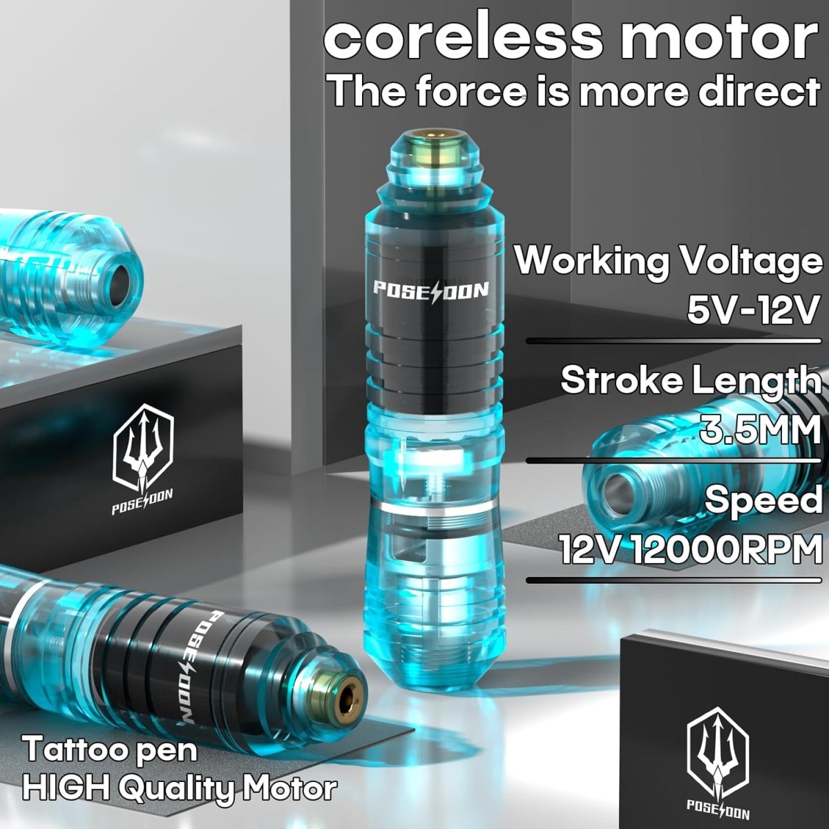 Poseidon Wireless Tattoo Pen Machine Kit with Dual Batteries - Blue - Tattoo Unleashed