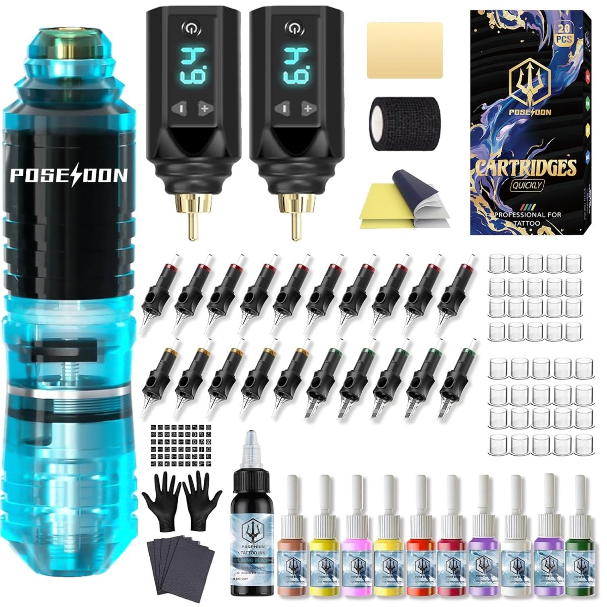 Poseidon Wireless Tattoo Pen Machine Kit with Dual Batteries - Blue - Tattoo Unleashed