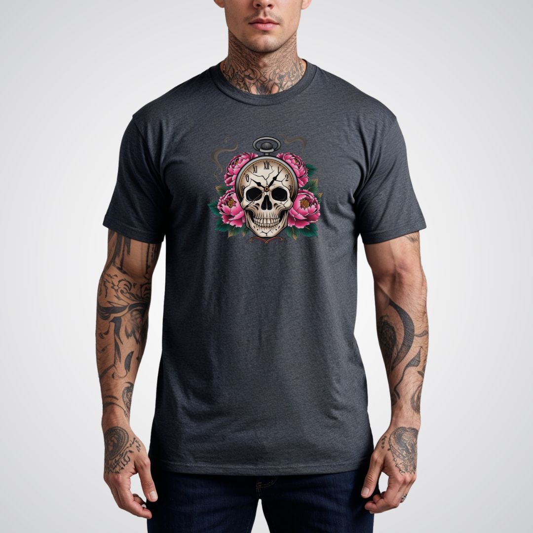 Skull with Clock and Flowers Neo - Traditional Tattoo Unisex T-Shirt - Tattoo Unleashed