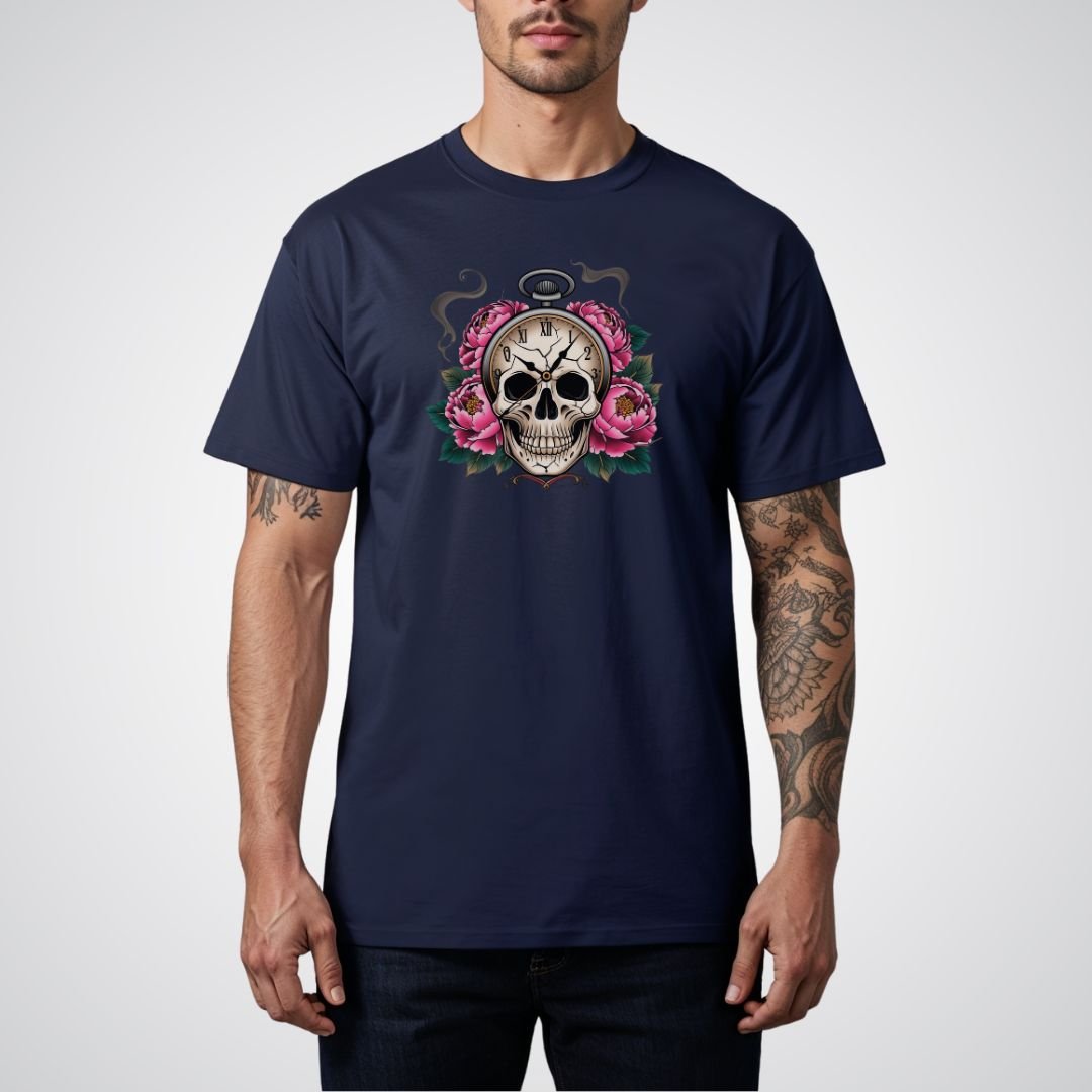 Skull with Clock and Flowers Neo - Traditional Tattoo Unisex T-Shirt - Tattoo Unleashed