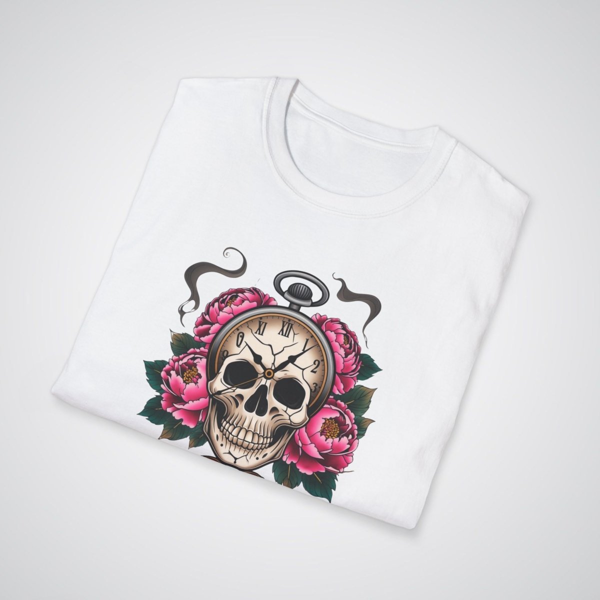 Skull with Clock and Flowers Neo - Traditional Tattoo Unisex T-Shirt - Tattoo Unleashed