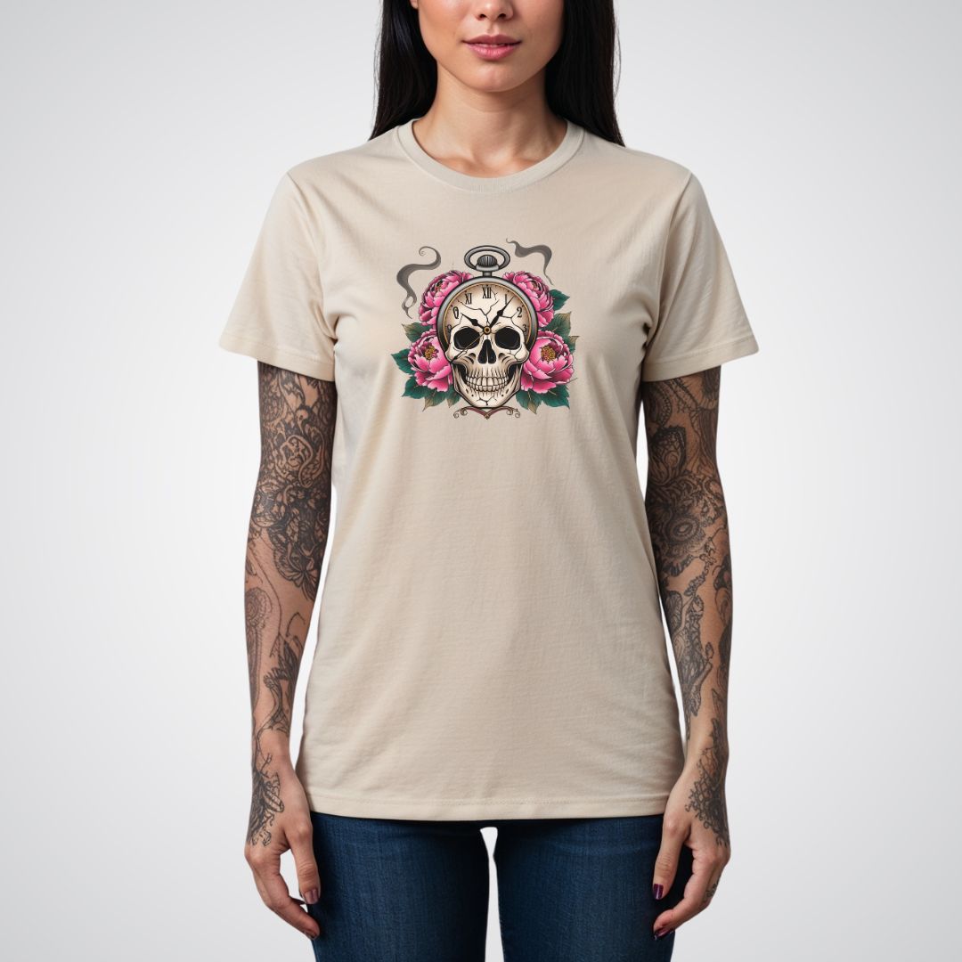 Skull with Clock and Flowers Neo - Traditional Tattoo Unisex T-Shirt - Tattoo Unleashed