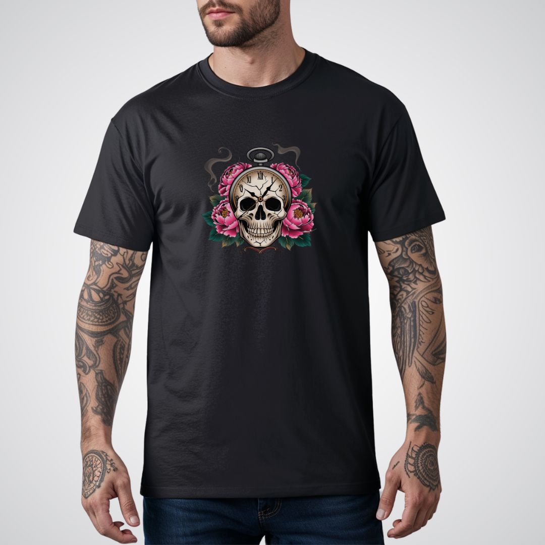 Skull with Clock and Flowers Neo - Traditional Tattoo Unisex T-Shirt - Tattoo Unleashed