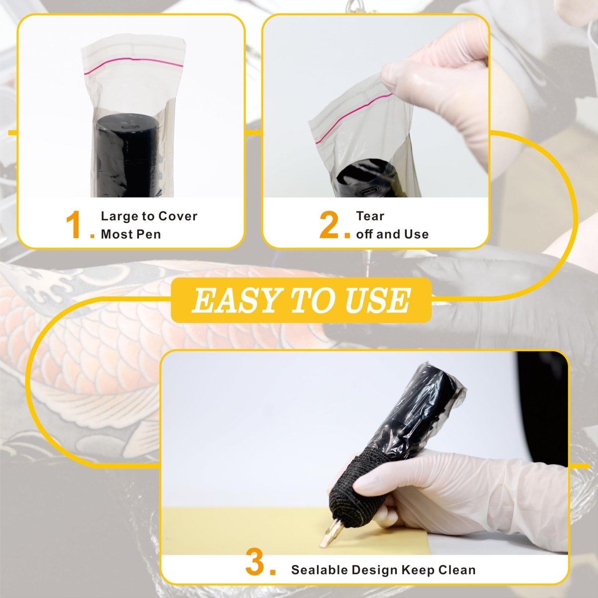 Tattoo Pen Covers with 6 Rolls Grip Tape Set - Waterproof Machine Wrap Sleeves - Large (200pcs) - Tattoo Unleashed