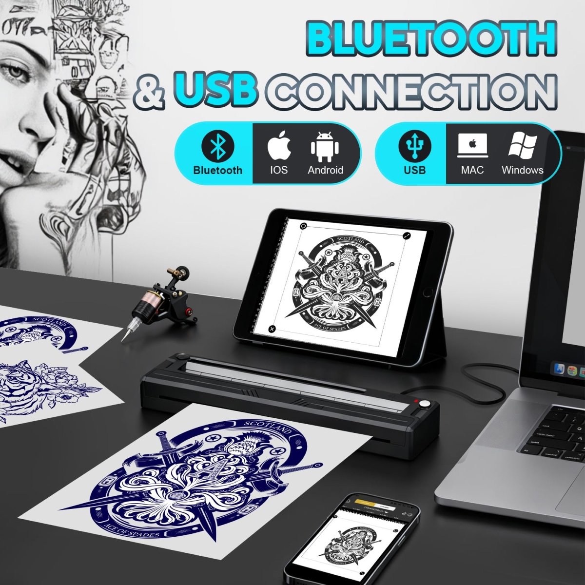 Tattoo Stencil Printer by Yirigui - Fits A4 - A8 Width Thermal Paper Includes 10 Transfer Papers - Bright Black - Tattoo Unleashed